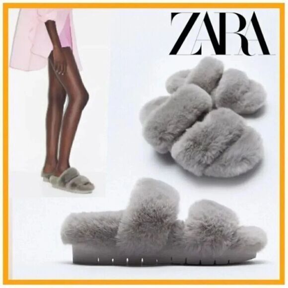 ZARA FAUX FUR LOW HEEL SANDALS‎ - Picture 3 of 10